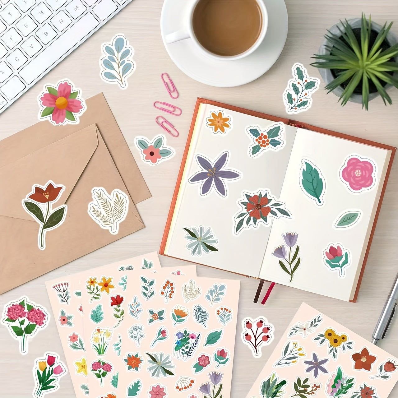 105pcs Flower Stickers Waterproof PVC for Planners Notebooks Cups