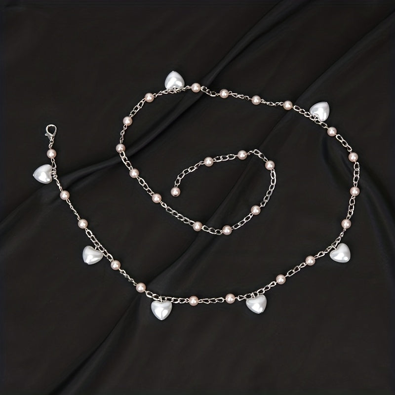 Heart Faux Pearl Waist Chain Pink Pendant Belly Chain Waistband Decoration