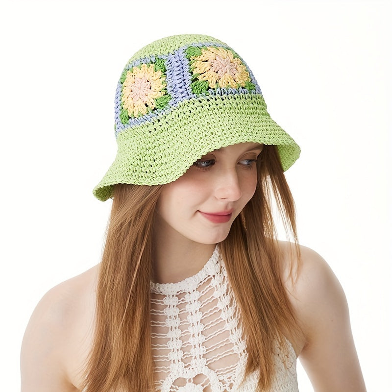 Boho Flower Crochet Ruffle Bucket Hat Lightweight Breathable Sun Foldabl