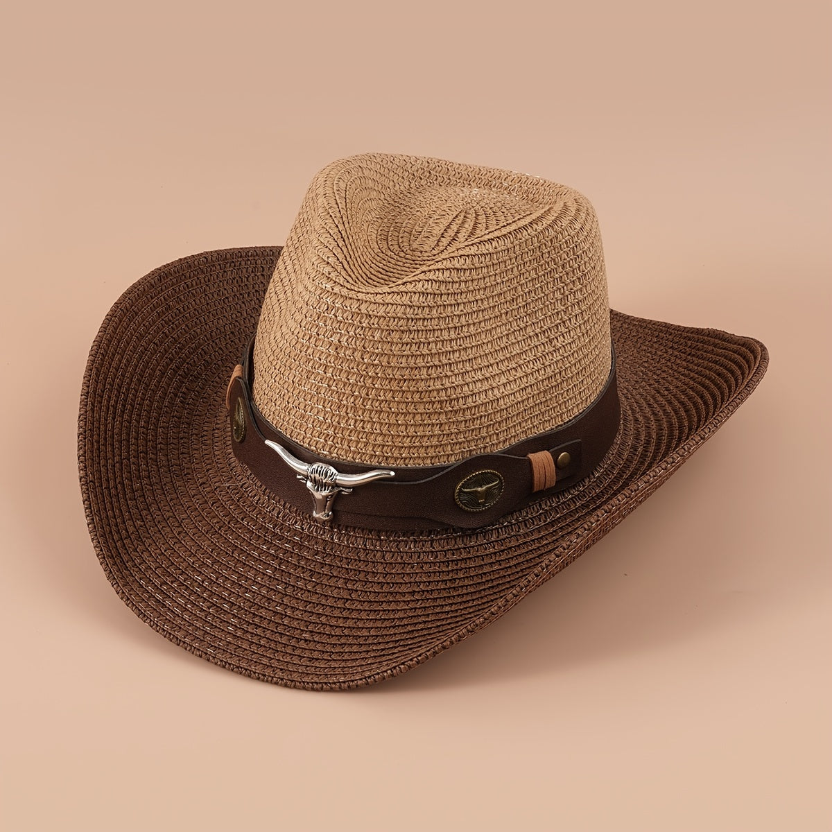 Big Cow Head Leather Belt Retro Outdoor Sunshade Western Cowboy Straw Hat