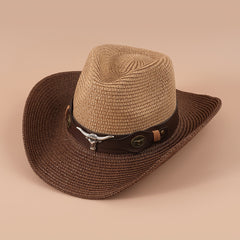 Big Cow Head Leather Belt Retro Outdoor Sunshade Western Cowboy Straw Hat