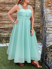  Party Cami Dress Solid Contrast Mesh Ruched A line Maxi Prom Dress