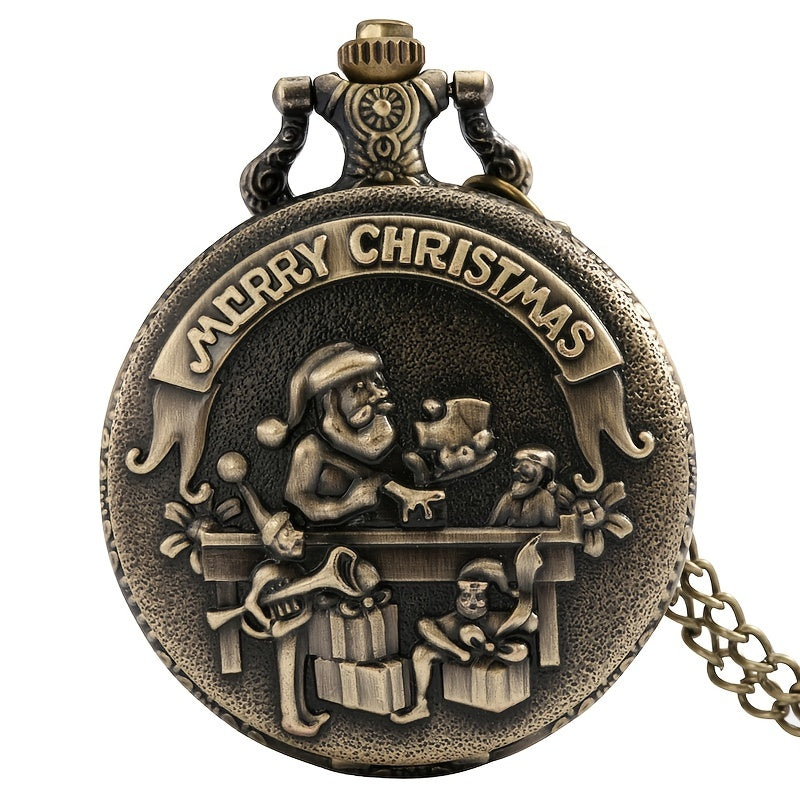 Bronze Santa Claus Merry Christmas Theme Quartz Pocket Watch