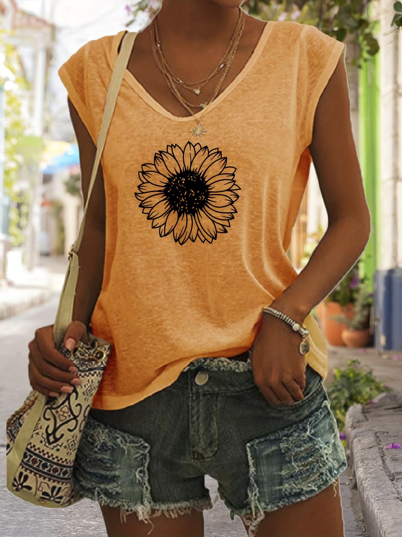 Sunflower Print V Neck Tank Top Women's Clothing