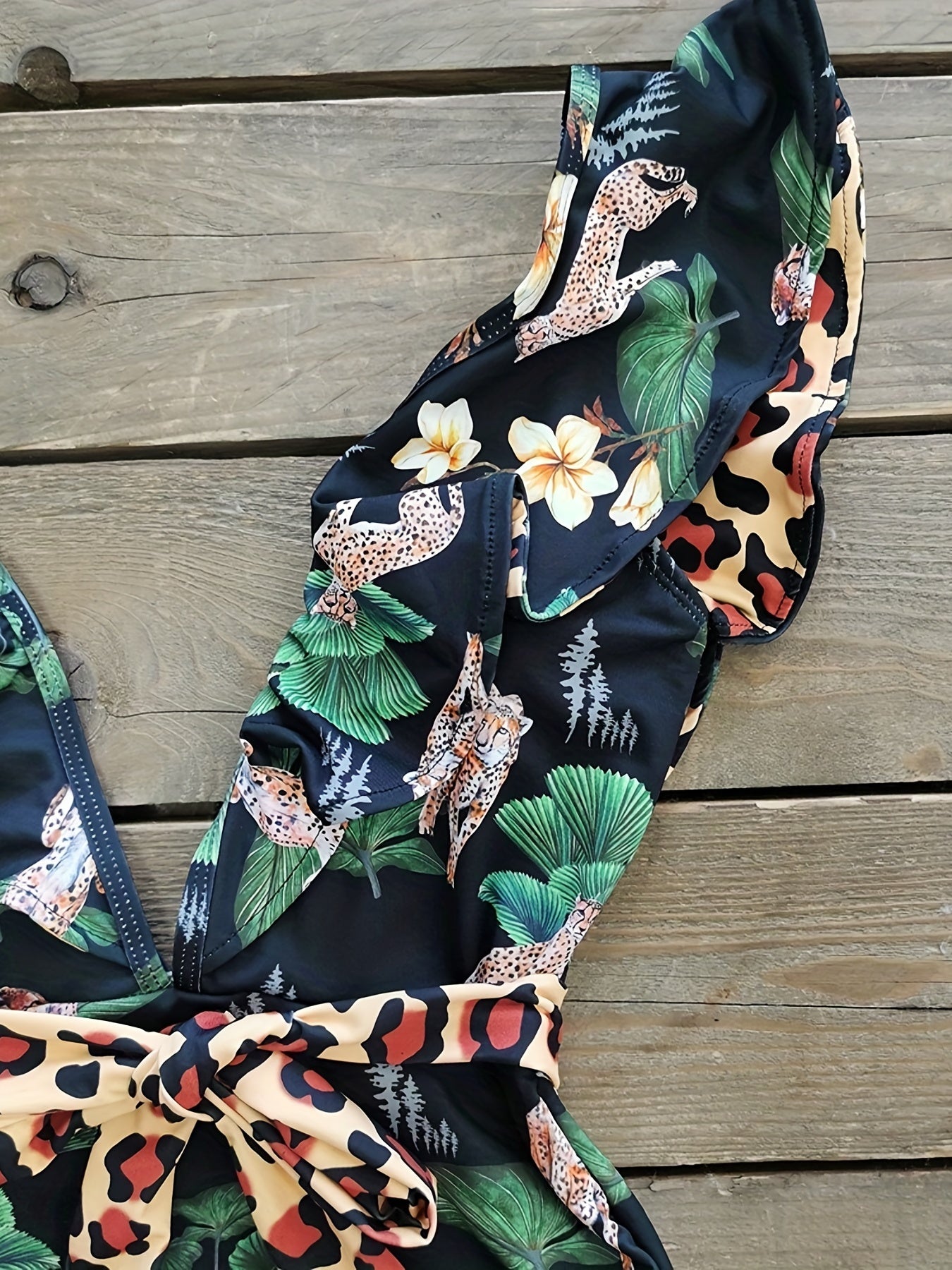 Leopard Print Ruffle Trim Tie Belt One Piece Swimsuit