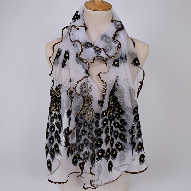 Peacock Velvet Golden Print Long Scarf
