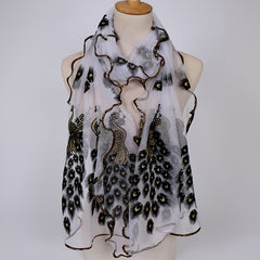 Peacock Velvet Golden Print Long Scarf