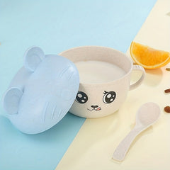 Children's Cartoon Double Handle Bowl with Lid and Spoon