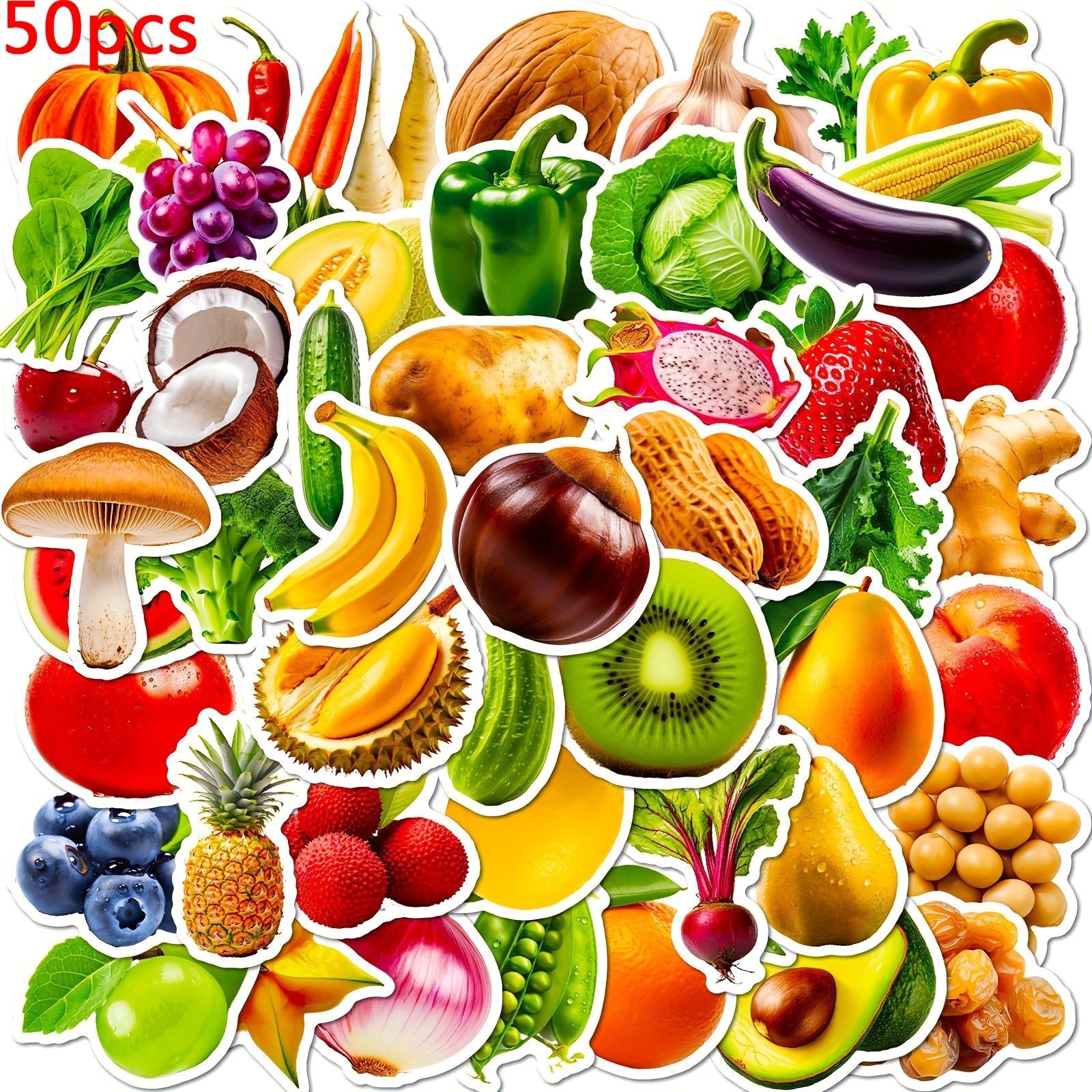 50pcs Fruit & Veggie Cartoon Stickers for Water Bottle Skateboard