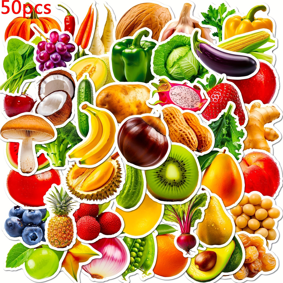 50pcs Fruit & Veggie Cartoon Stickers for Water Bottle Skateboard