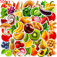50pcs Fruit & Veggie Cartoon Stickers for Water Bottle Skateboard