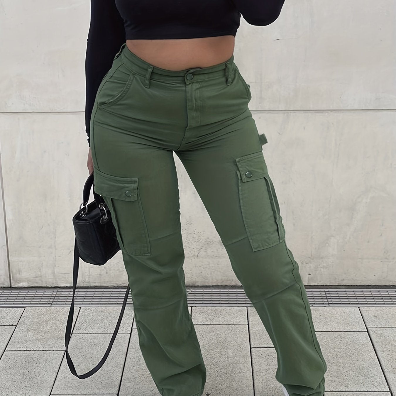 Flap Pockets High Waist Cargo Pants High Rise Straight Legs Denim Pants