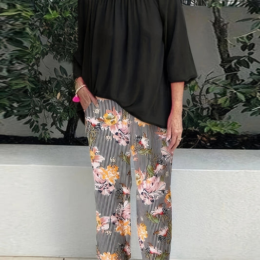  Boat Neck Top & Floral Print Pants Set