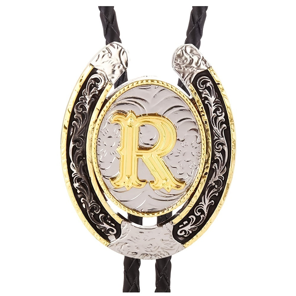 Western Cowboy Zinc Alloy BOLO Tie Round Natural Letter R Tie