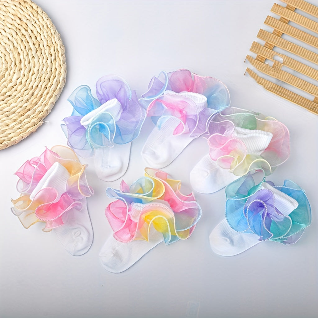 3 Pairs Baby Girls Rainbow Lace Ruffled Socks Breathable Comfy Socks