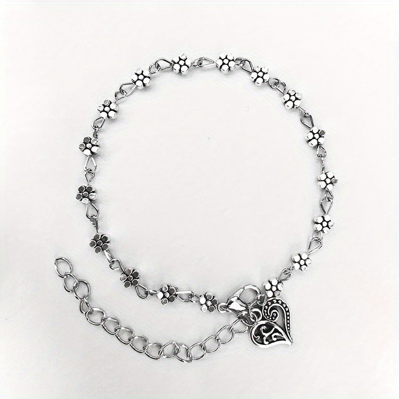Heart Shape Pendant Beaded Anklet with Flower Beads Boho Style