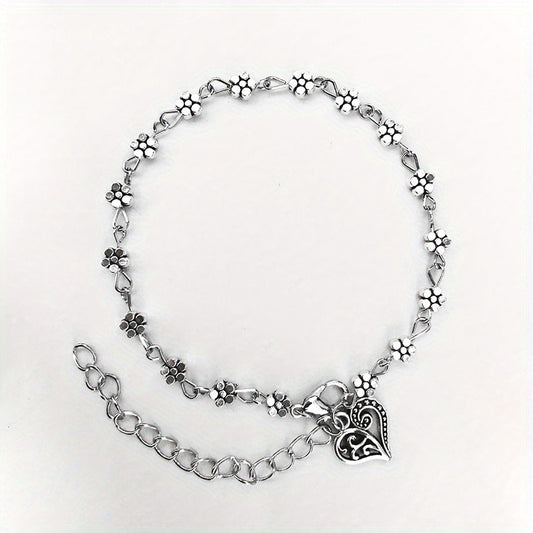 Heart Shape Pendant Beaded Anklet with Flower Beads Boho Style