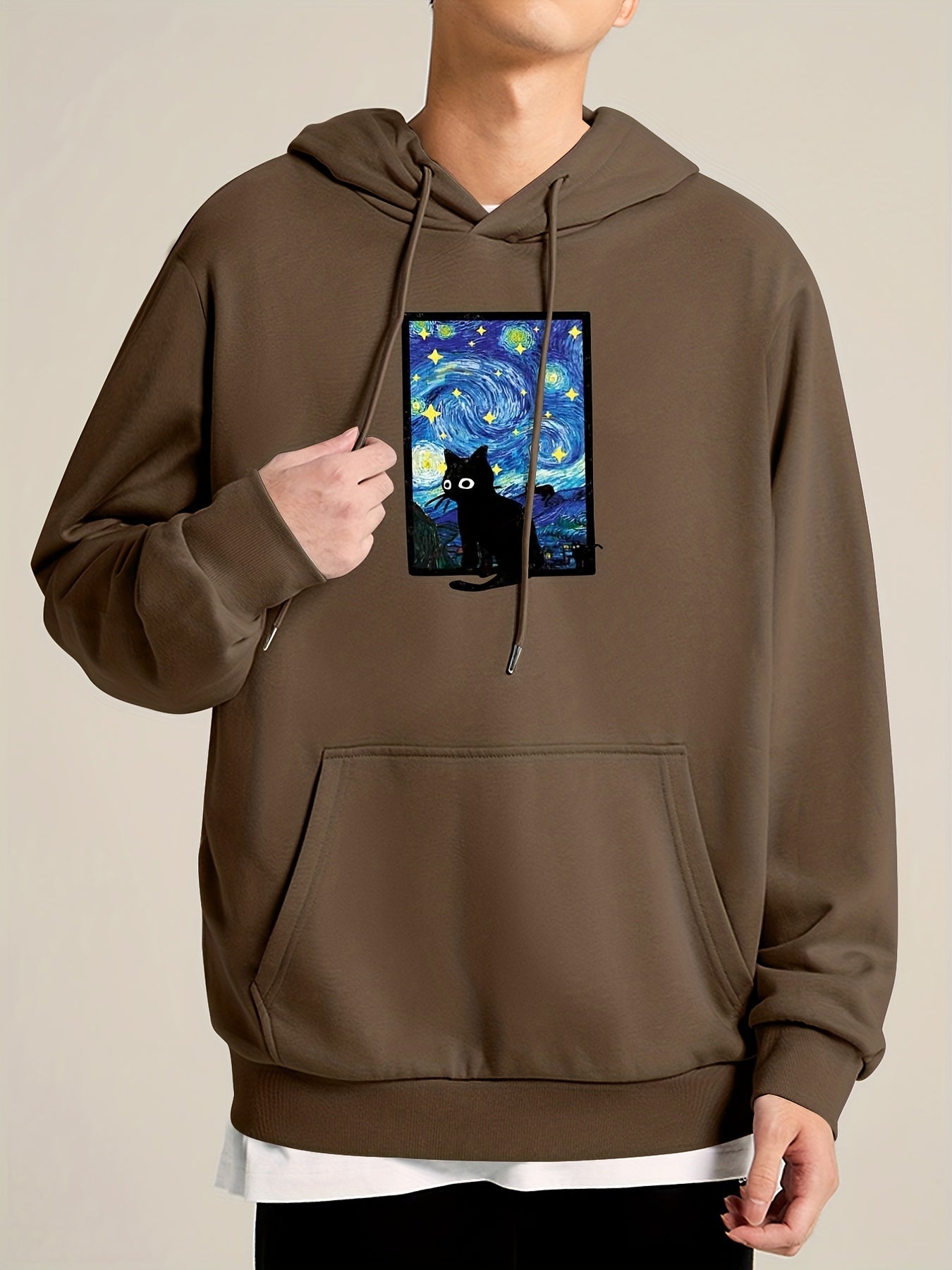 Starry Night & Cat Print Sweatshirt Men's Casual Graphic Crew Neck Pullover