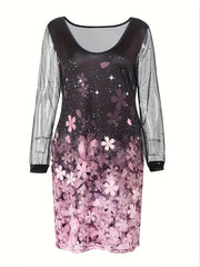  Women's Floral Print Mesh Sleeve Round Neck Dress