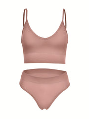 Solid Ribbed Bra & Panties Set Women's Underwear