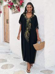  Boho Abaya Dress Women's Plus Golden Embroidered Bat Sleeve V Neck Max