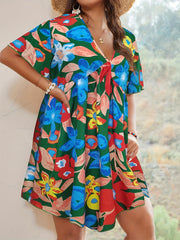  Boho Dress Women's Plus Floral Print V Neck Mini Dress