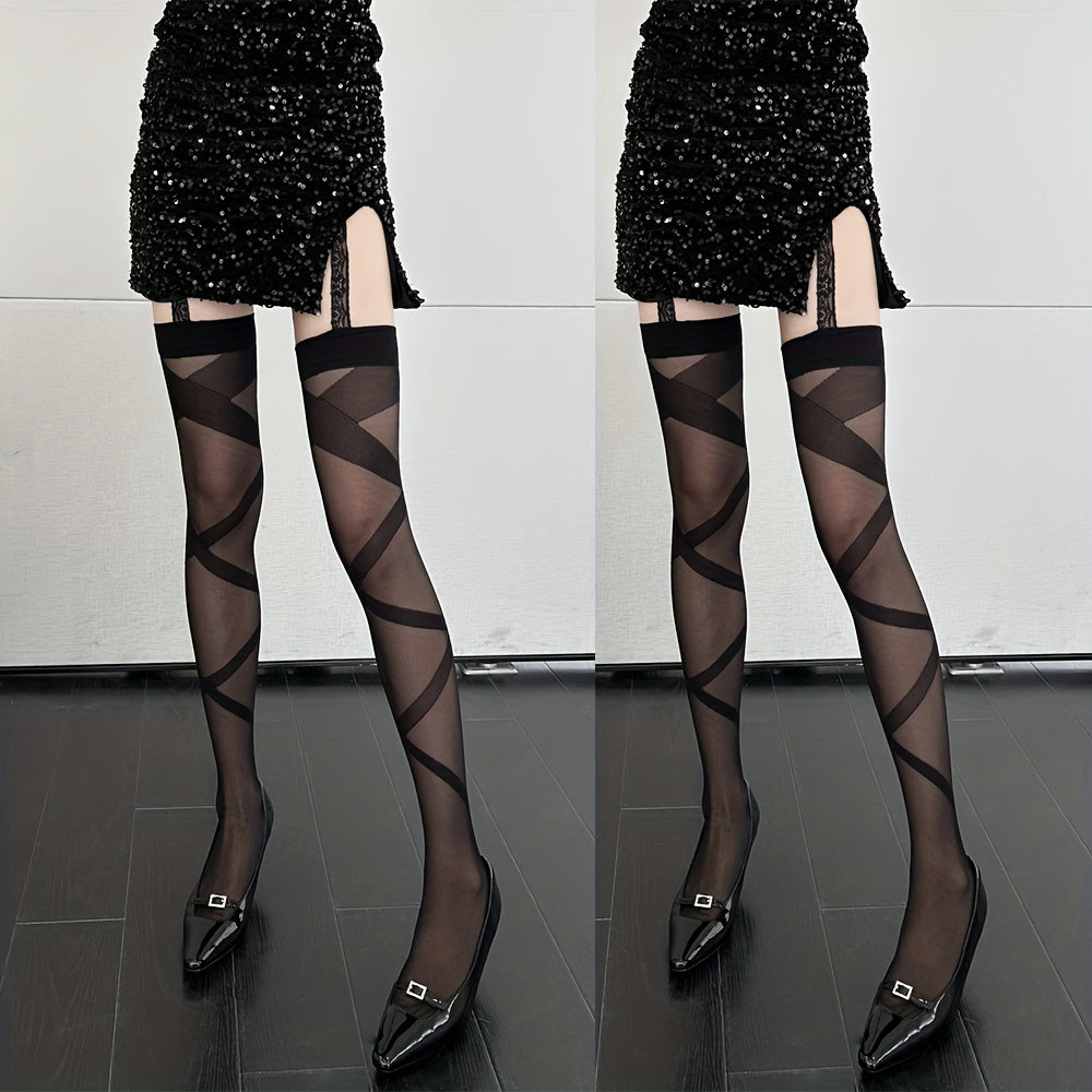Criss Cross Pattern Pantyhose High Waist Suspender Stockings