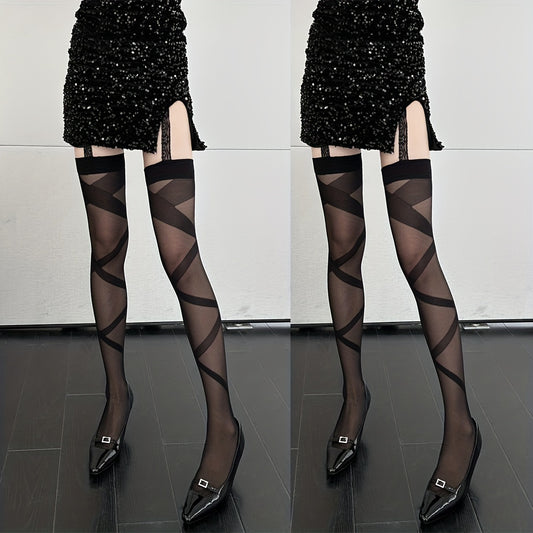 Criss Cross Pattern Pantyhose High Waist Suspender Stockings