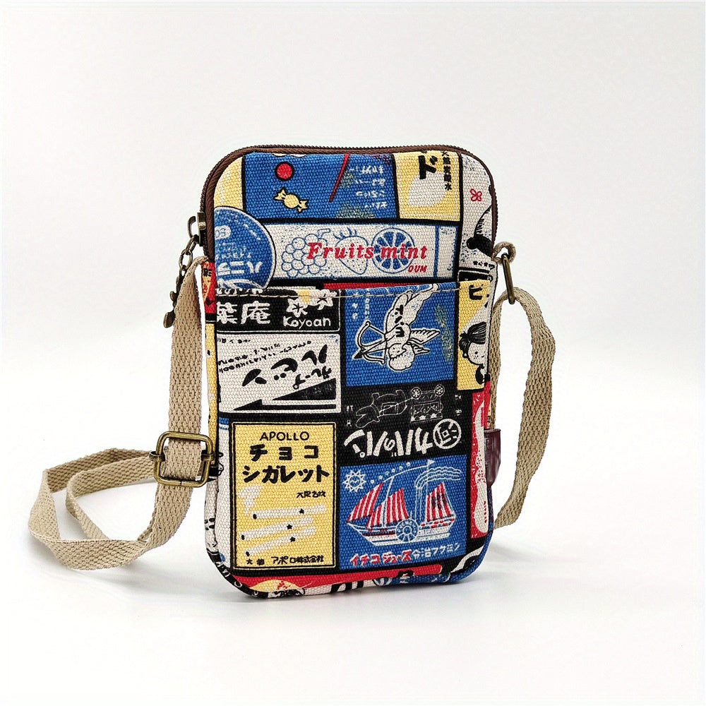 Cartoon Animal Print Phone Bag Lightweight Portable Canvas Crossbody Bag