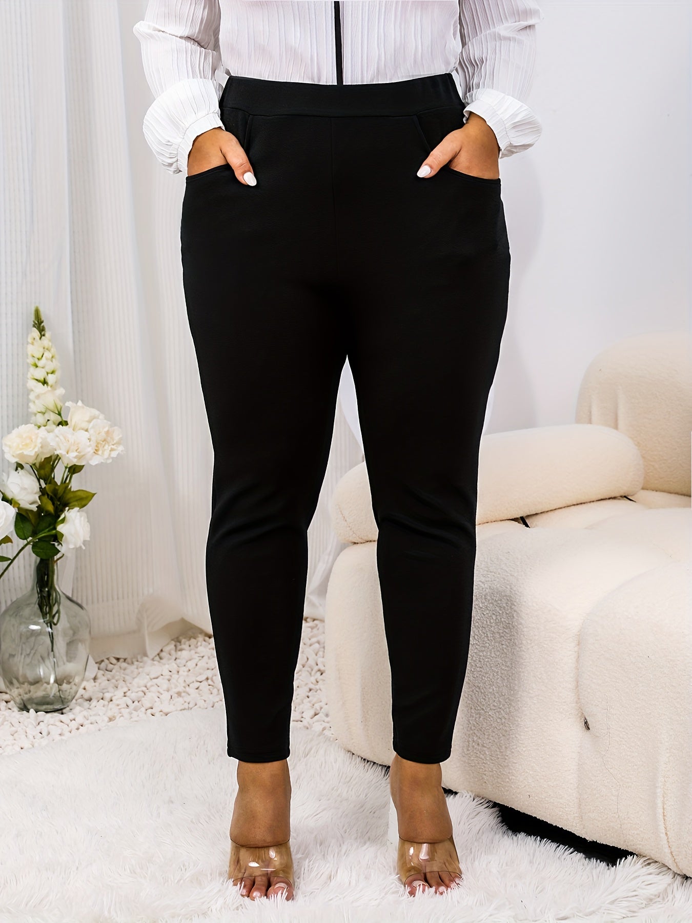  Solid High Rise Stretch Skinny Pants with Pockets