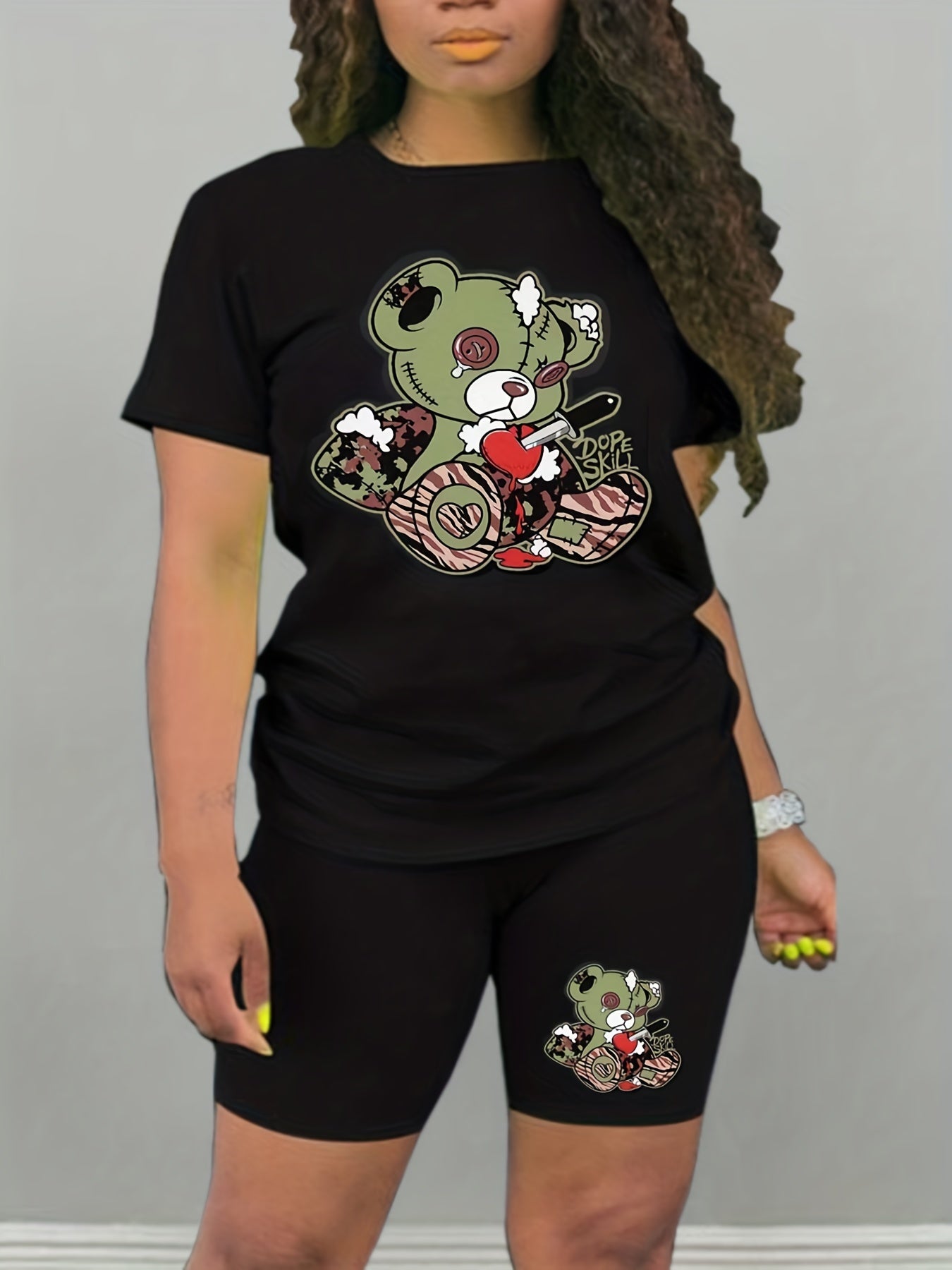 Teddy Bear Print 2pc Set Short Sleeve Crew Neck T Shirt & Shorts Casual Outfit