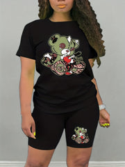 Teddy Bear Print 2pc Set Short Sleeve Crew Neck T Shirt & Shorts Casual Outfit