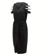 Solid Cut Out Dress Zipper Ruched Bodycon Summer Dress Women's Clothing
