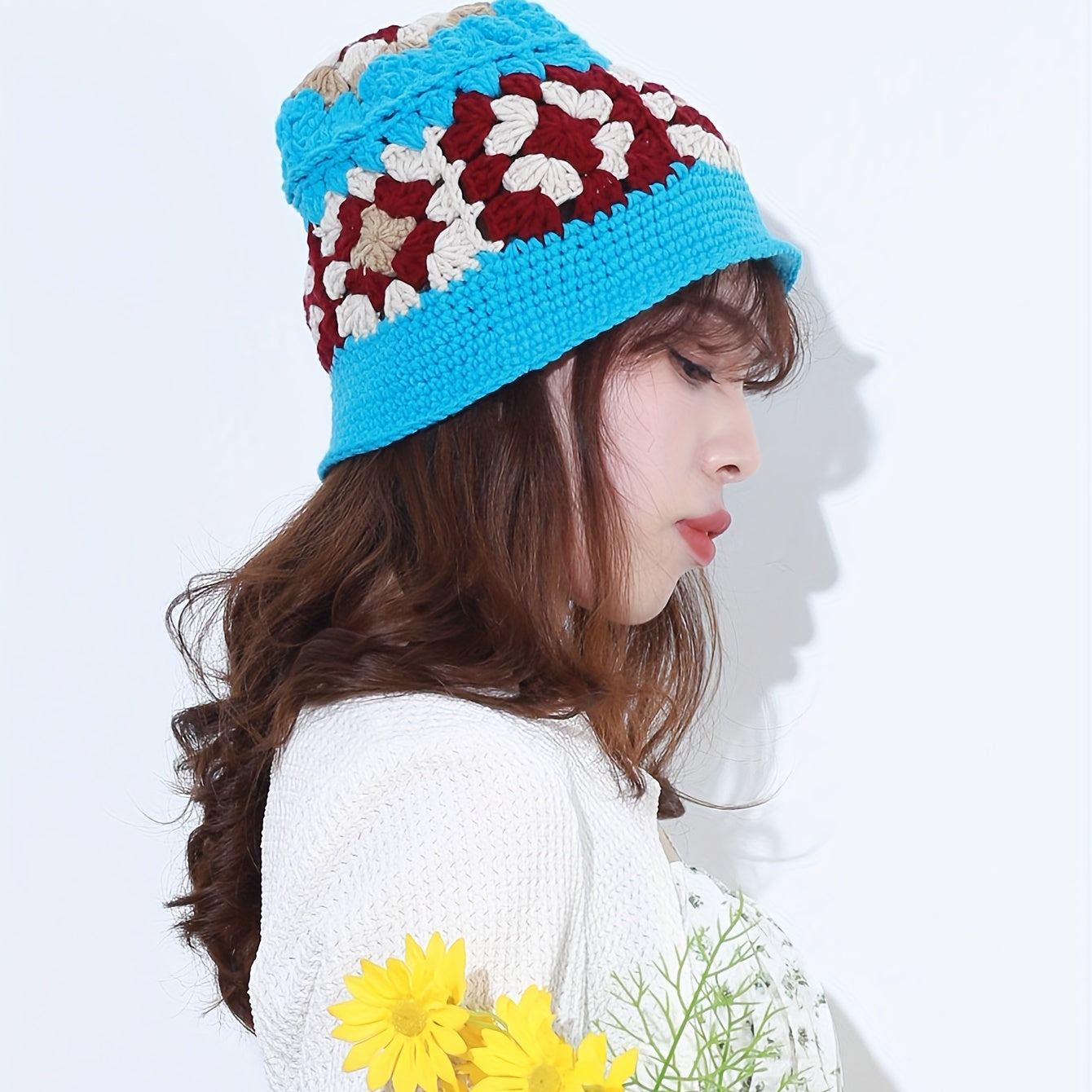 Flower Crochet Bucket Hat Knitted Hollow Cloche Hat Bright Block