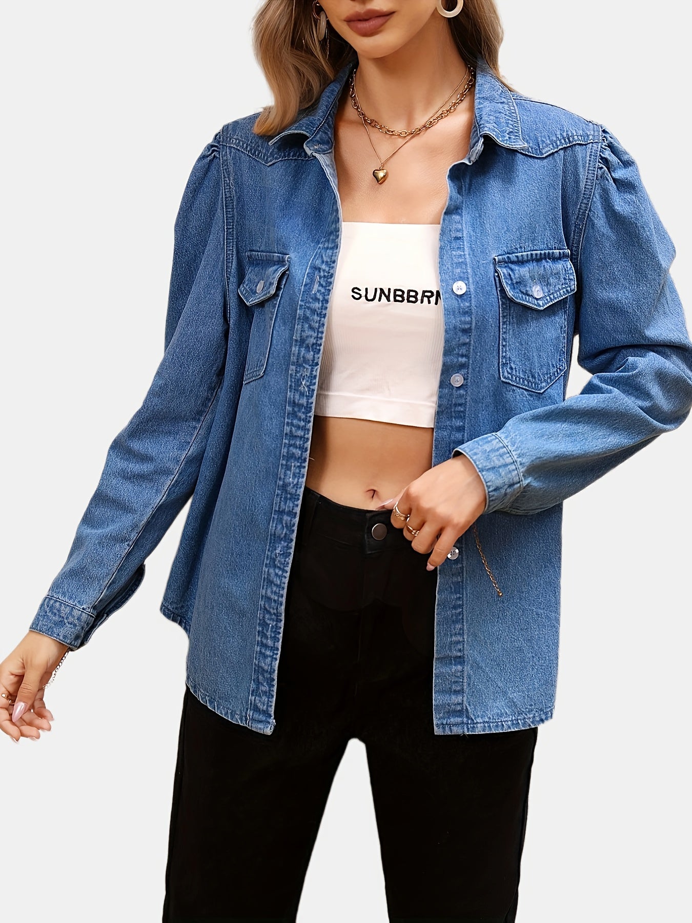 Long Sleeves Denim Top Flap Pockets Single Breasted Button Lapel