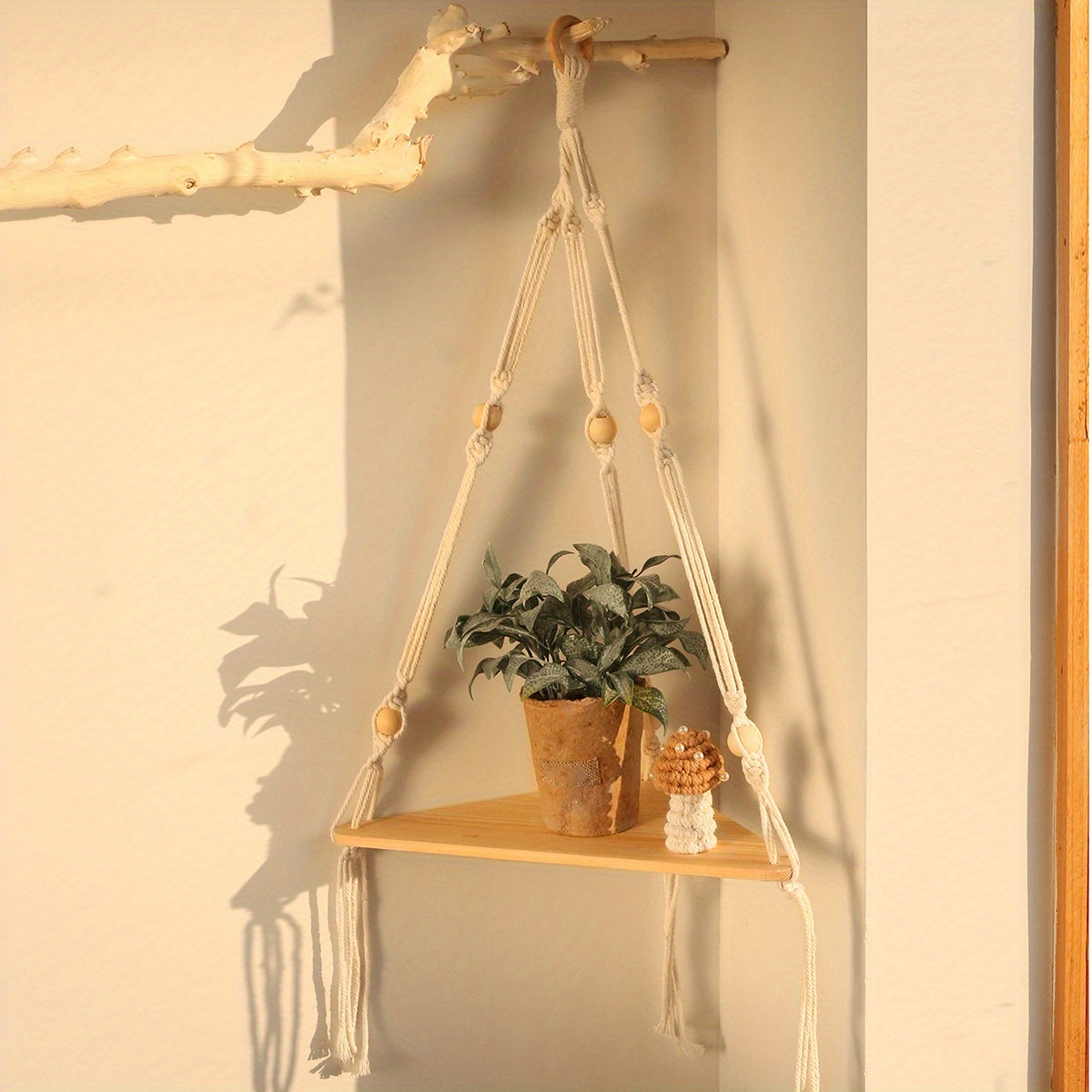 Triangular Wooden Shelf Wall Hanging with Bohemian Beads and Cotton Rope