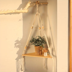 Triangular Wooden Shelf Wall Hanging with Bohemian Beads and Cotton Rope