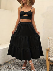  Solid Elastic High Rise Swing Maxi Skirt