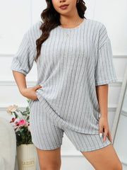  Lounge Set Ribbed Knit Half Sleeve Tee & Biker Shorts Pajama Set
