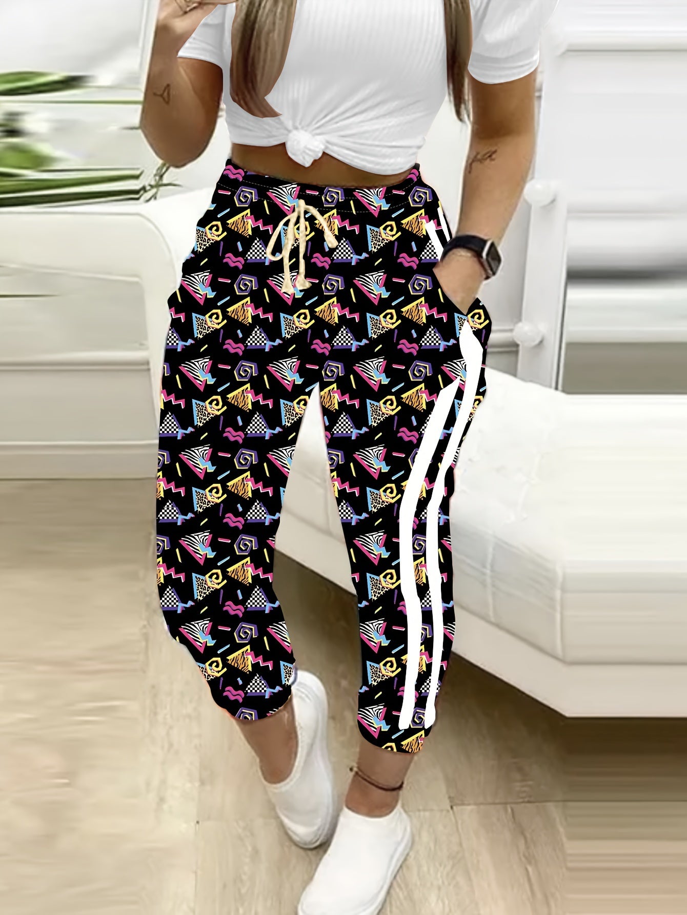  Plaid Print High Rise Drawstring Pants