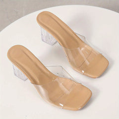 Women's Crystal Chunky Heel Sandals Square Toe Transparent Strap Heels