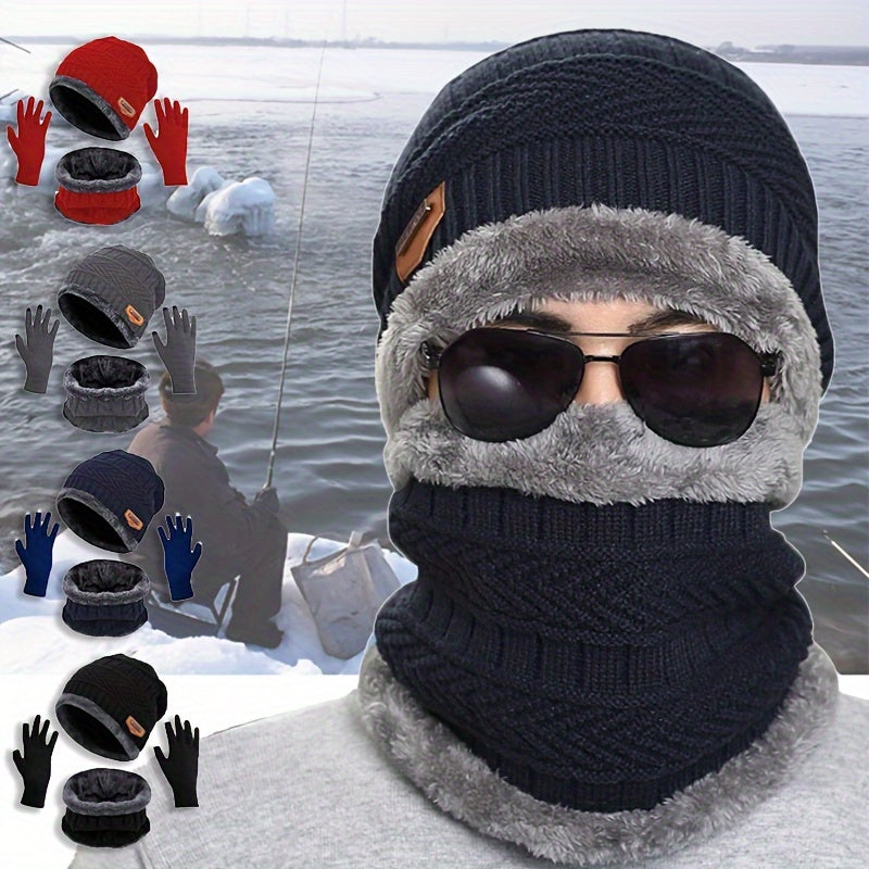 2pcs Unisex Winter Warm Knitted Hat Neck Scarf Touch Screen Gloves