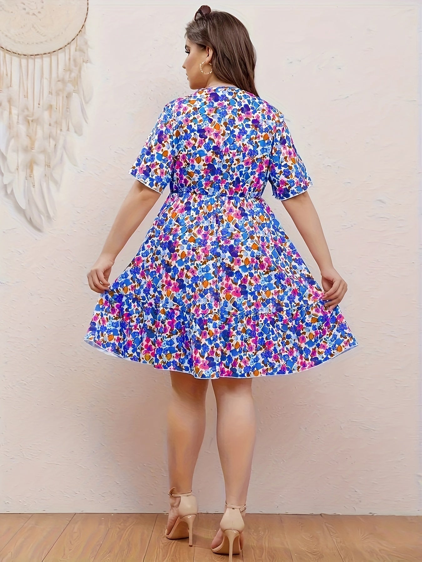  Ditsy Floral Print Butterfly Sleeve A Line Dress