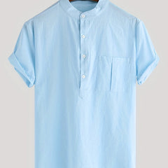 Men's Cotton Comfy Shirt Short Sleeve Crew Neck Pockets Shirt