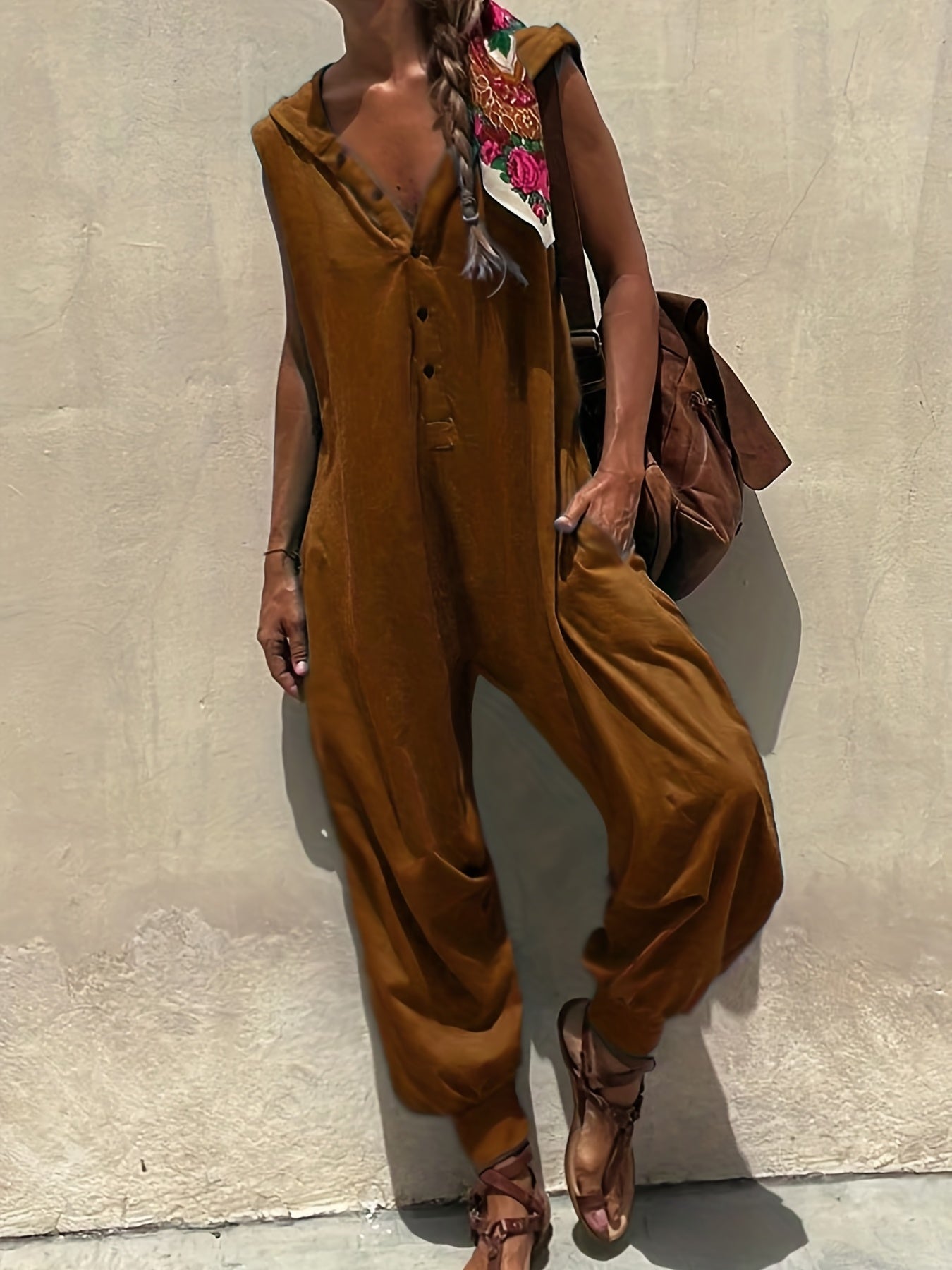 Solid Sleeveless Button Front Jumpsuit With Pockets