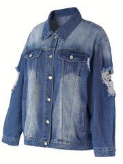  Casual Denim Jacket Women's Plus Washed Ripped Long Sleeve Button Up