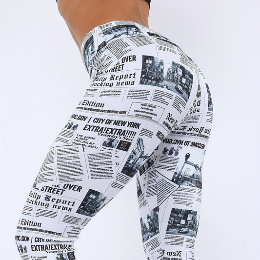 Newspaper Print Leggings Women Yoga Running Tight Pants Activewear