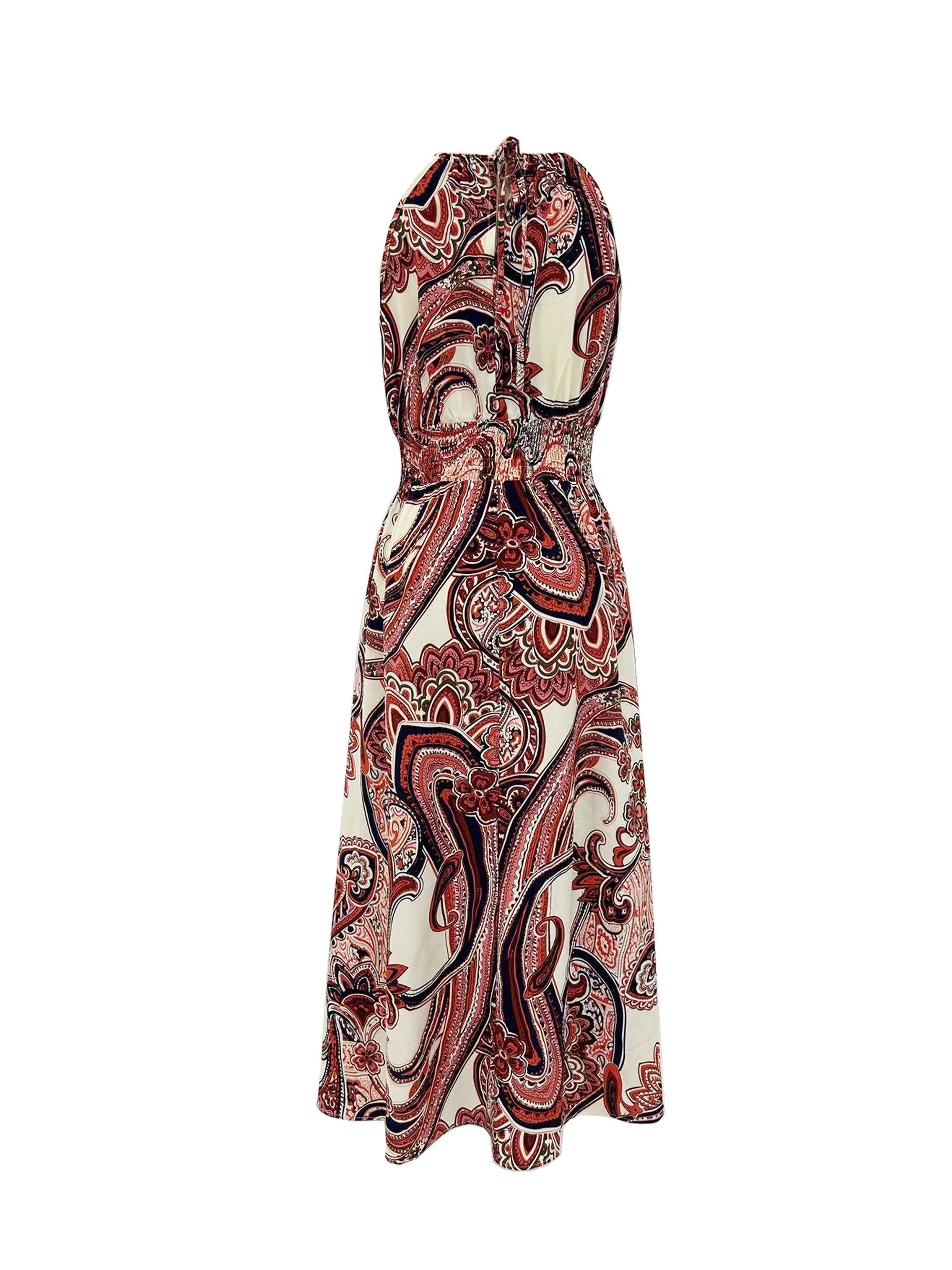 Paisley Print Sleeveless Shirred Dress Boho Resort Wear Drawstring Dress