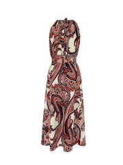 Paisley Print Sleeveless Shirred Dress Boho Resort Wear Drawstring Dress