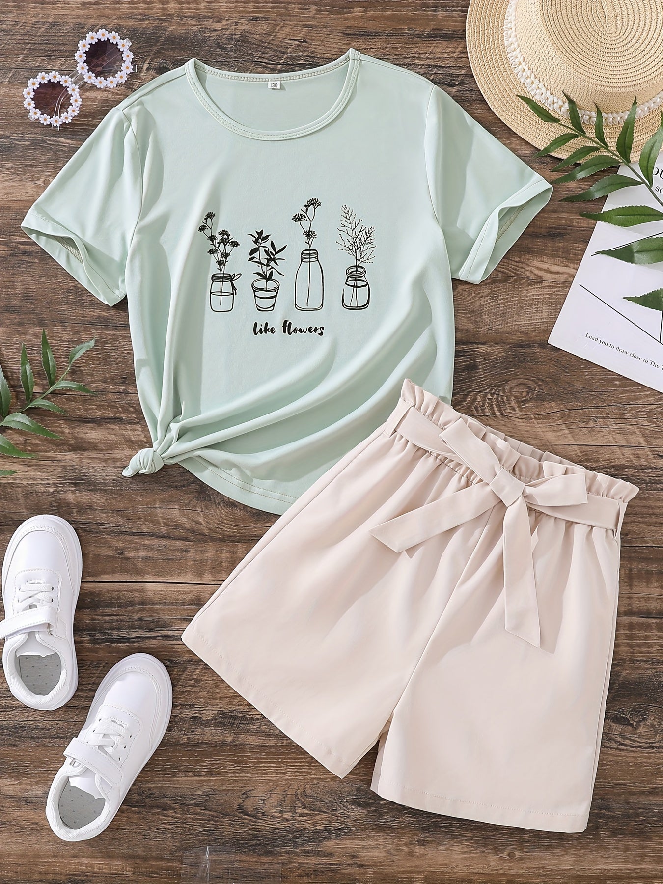 Girls Flowers Graphic Tee & Belted Shorts Set Summer Outfit